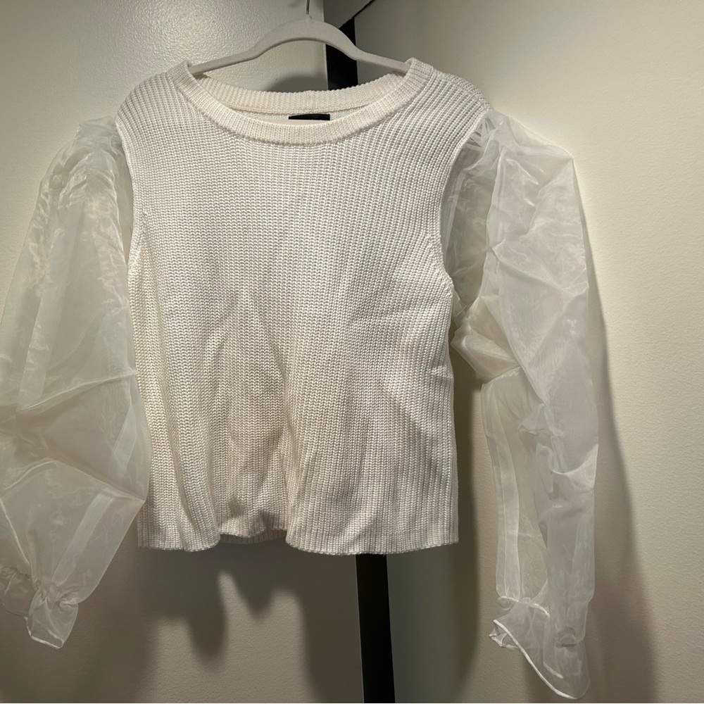 Elegant White Knit Top with Sheer Sleeves